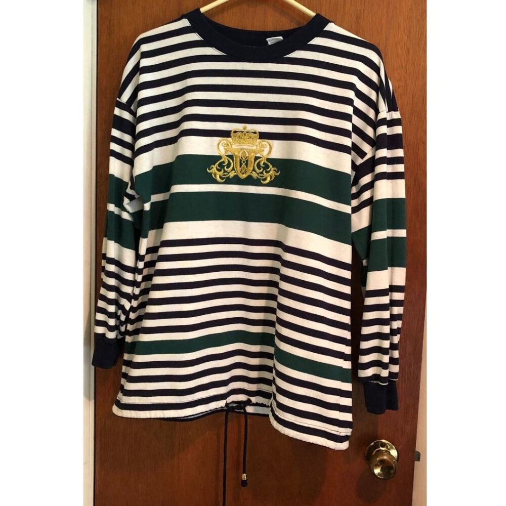 Folette, Oversized Small, Nautical Stripe,  Cotton-blend top, White/Green/Blue